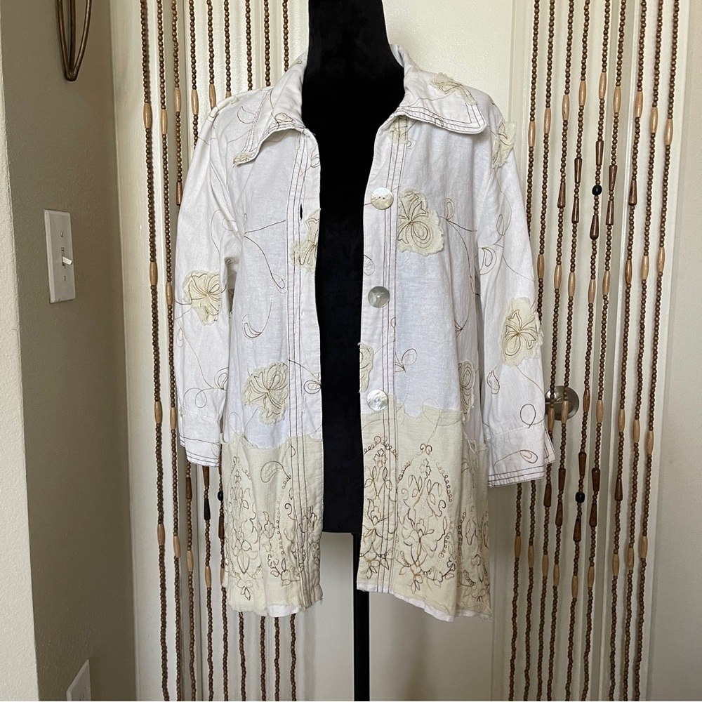 Connie’s Moonlight Appliqué Jacket Women’s L Boho Cottagecore Casual Lagenlook